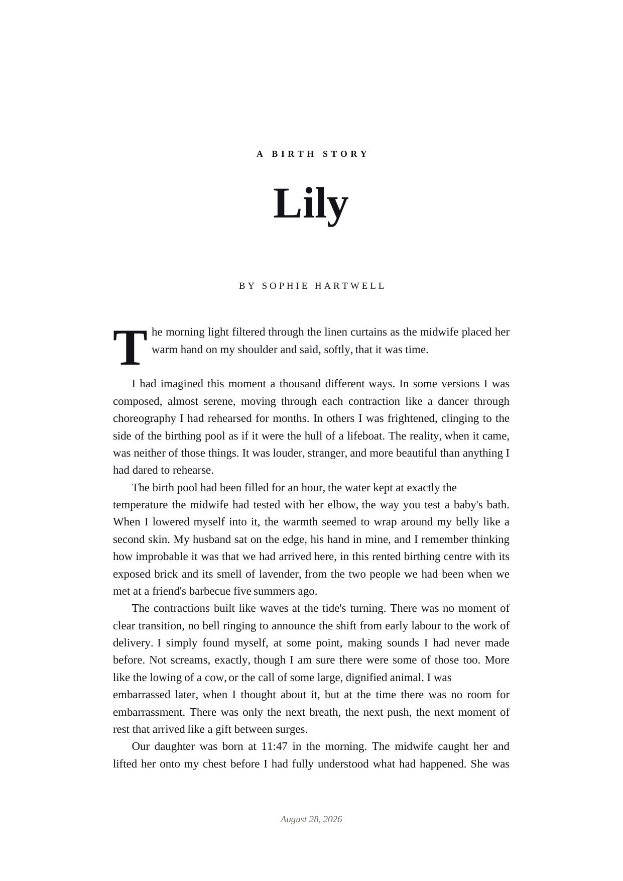 A printed page of a Pearl birth story PDF, set in Times Roman serif on white paper with a centered title, small-caps byline, and a three-line drop cap opening the body.